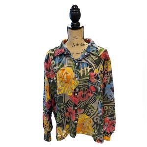 Chicos Semi Sheer Button Down Long Sleeve Viscose Linen Blend Top Sz 3 (XL)